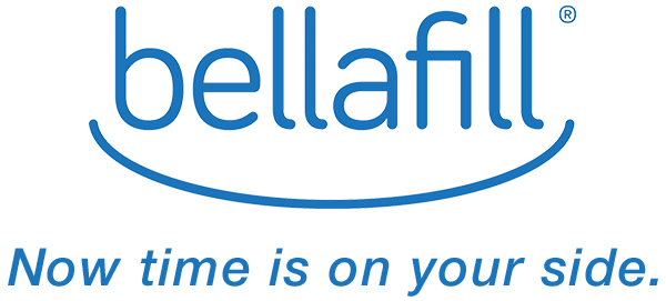 Bellafill® logo in blue text with the tagline “Now time is on your side” and a curved underline symbolizing long-lasting results