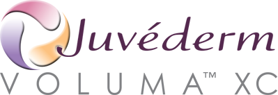 Juvederm Voluma XC logo displaying the product name in stylized text with a circular gradient icon, representing a popular hyaluronic acid filler used to restore volume in the cheeks and chin