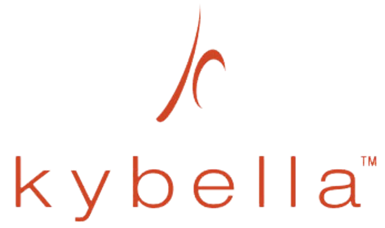 Kybella™ logo in a modern, lowercase font with an abstract orange icon above the text, representing the brand’s non-surgical fat reduction injectable