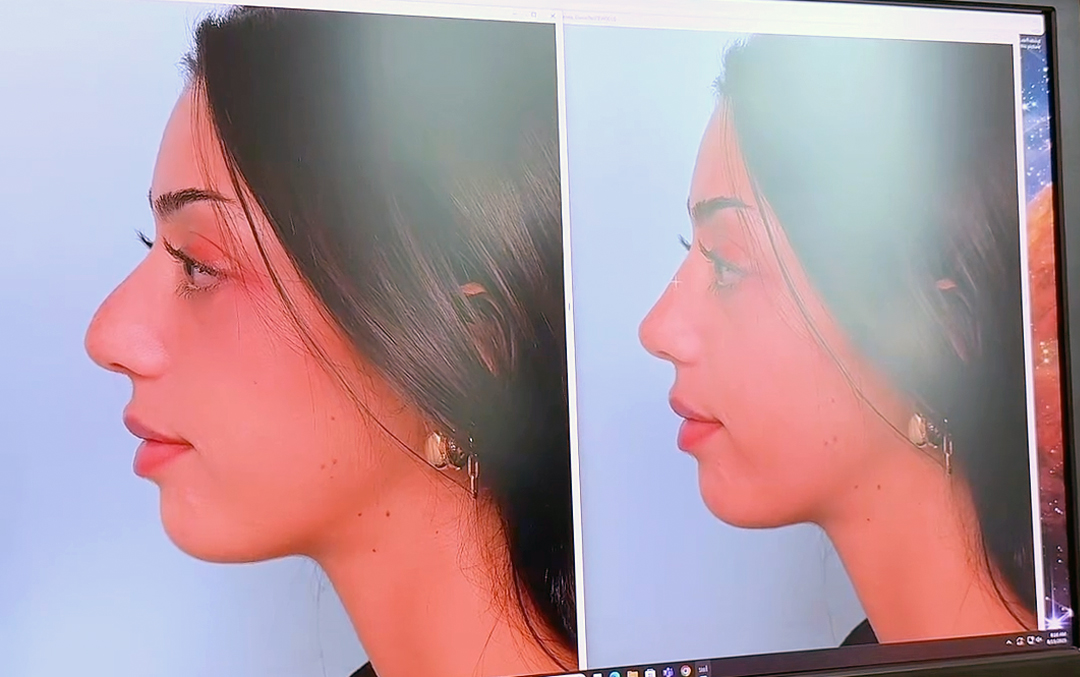 Side-by-side before and after rhinoplasty simulation displayed on a computer screen at Balikian Plastic Surgery, showing a woman’s profile with a more refined nose after surgery.
