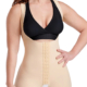 A woman wearing a full-body postoperative compression garment after a mommy makeover, showing the type of support used during tummy tuck and liposuction recovery to reduce swelling and help contour the abdomen and waist.